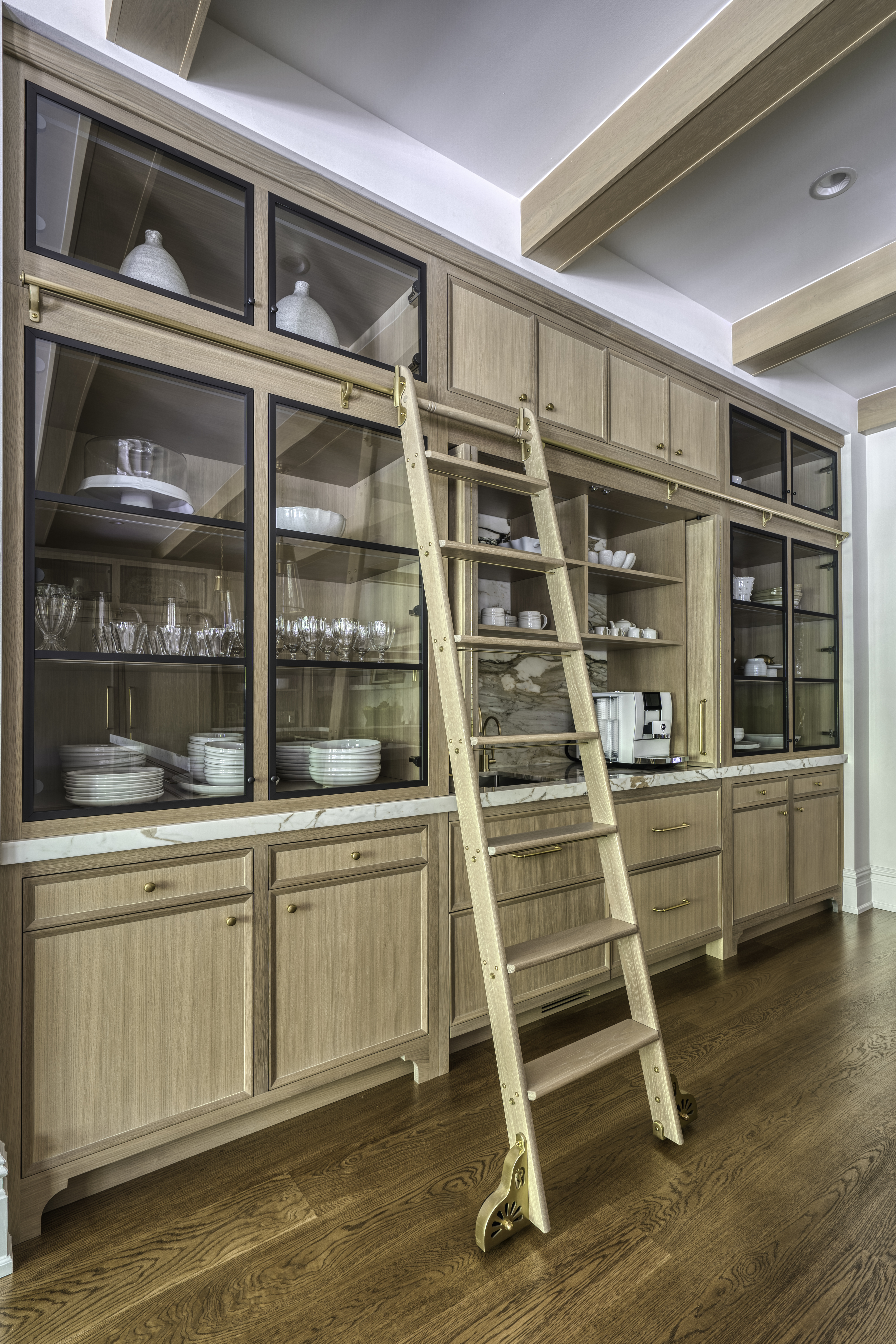 Tall kitchen cabinets with wood grain finish