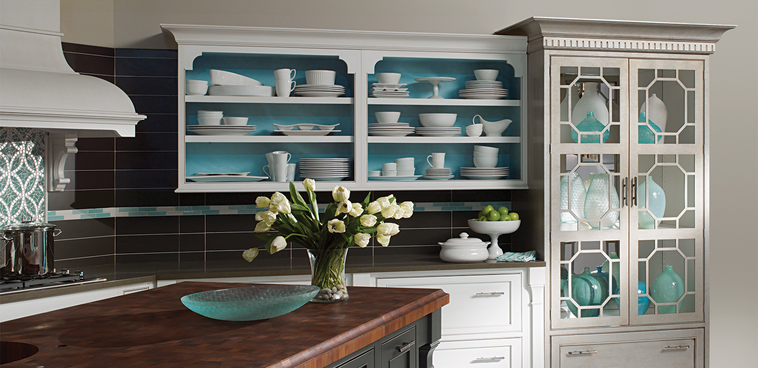 White cabinets with turquoise